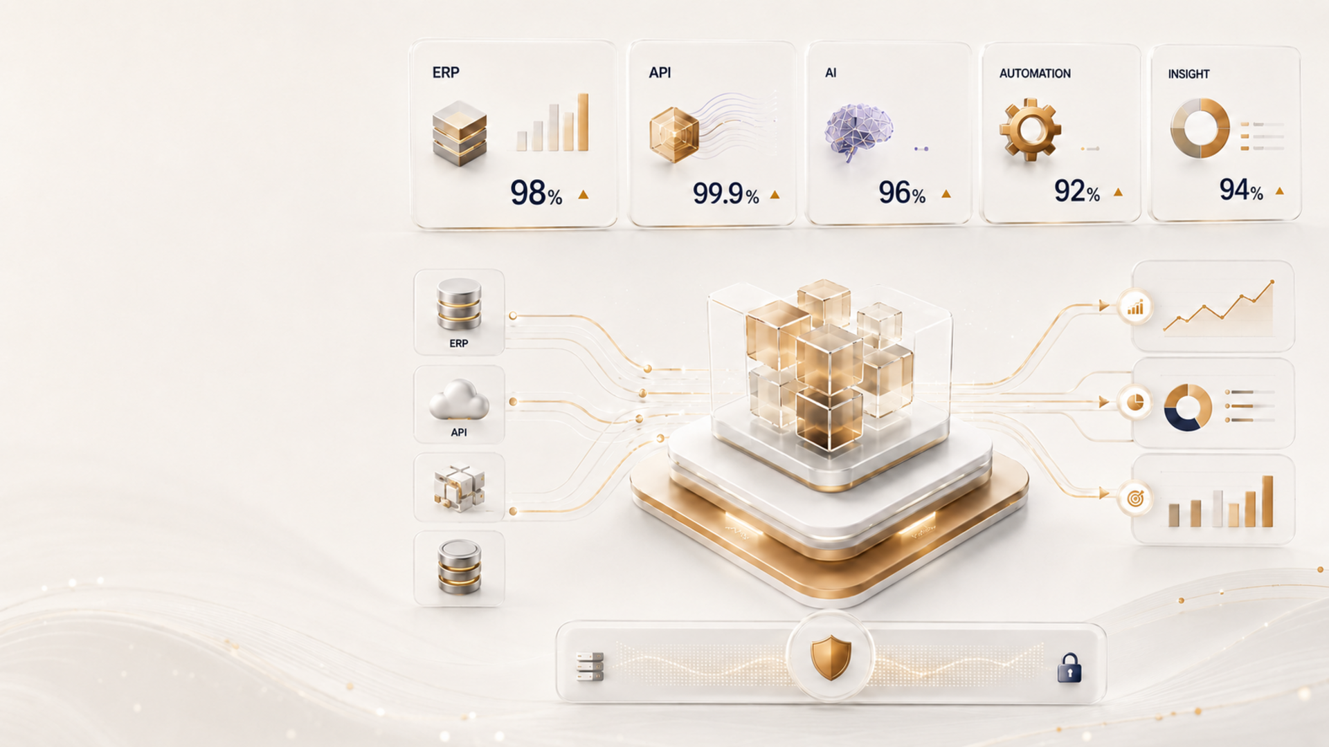 Executive dashboard showing ERP, API, AI, automation and business insight